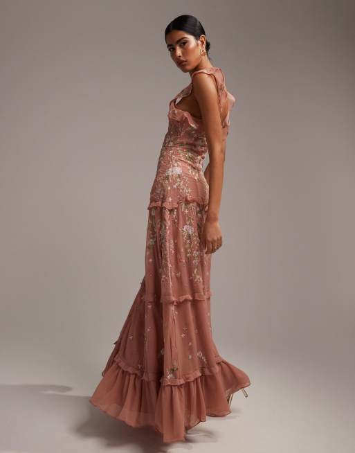 FhyzicsShops DESIGN Bridesmaid cami embellished maxi dress with embroidery in rose