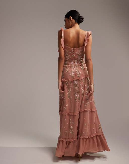 Needle & thread embroidered maxi best sale dress with flutter sleeve in rose