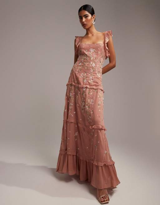 ASOS DESIGN Bridesmaid cami embellished maxi dress with embroidery in rose