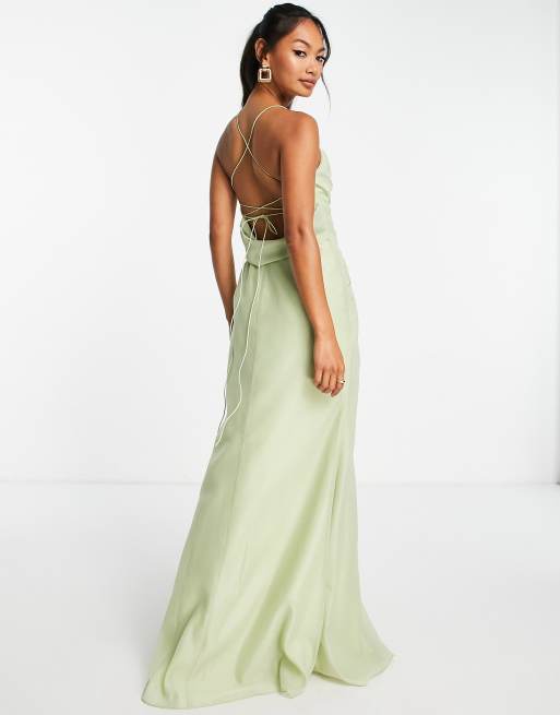 ASOS DESIGN Bridesmaid cami maxi dress with cowl bodice and wrap skirt in sage
