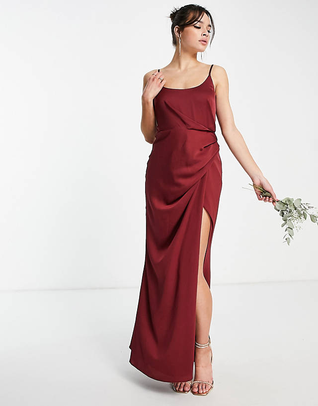 ASOS DESIGN Bridesmaid cami maxi dress with drape detail skirt in wine