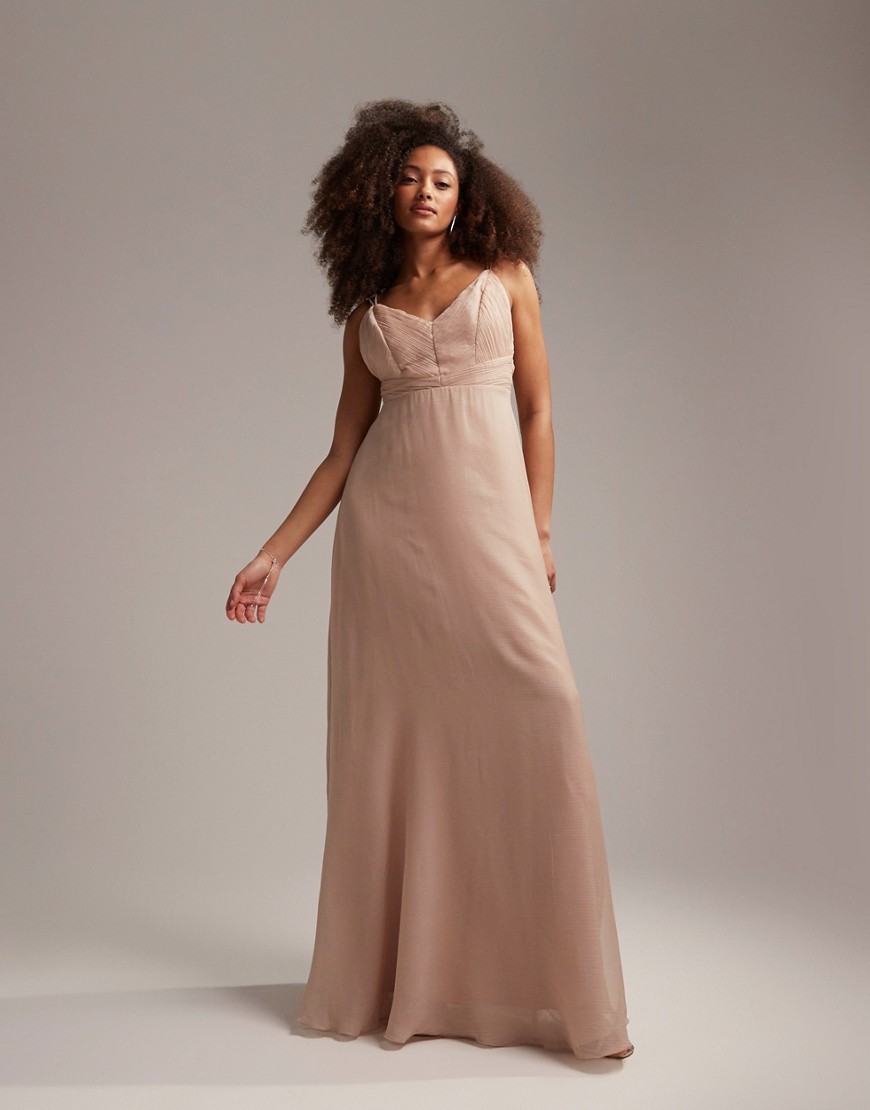ASOS DESIGN Bridesmaid cami maxi dress with ruched bodice and tie waist in blush-Pink