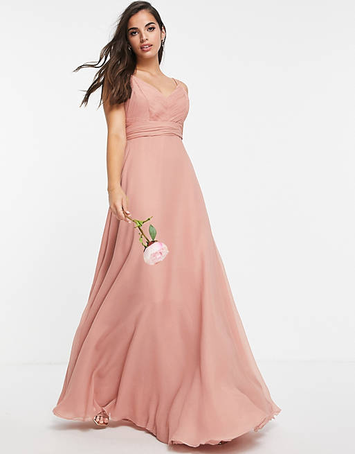 Women Bridesmaid cami maxi dress with ruched bodice and tie waist in dark rose 