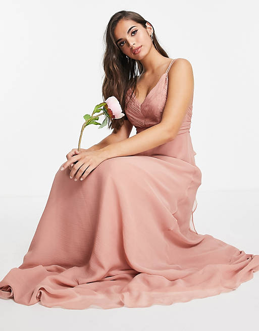 Women Bridesmaid cami maxi dress with ruched bodice and tie waist in dark rose 