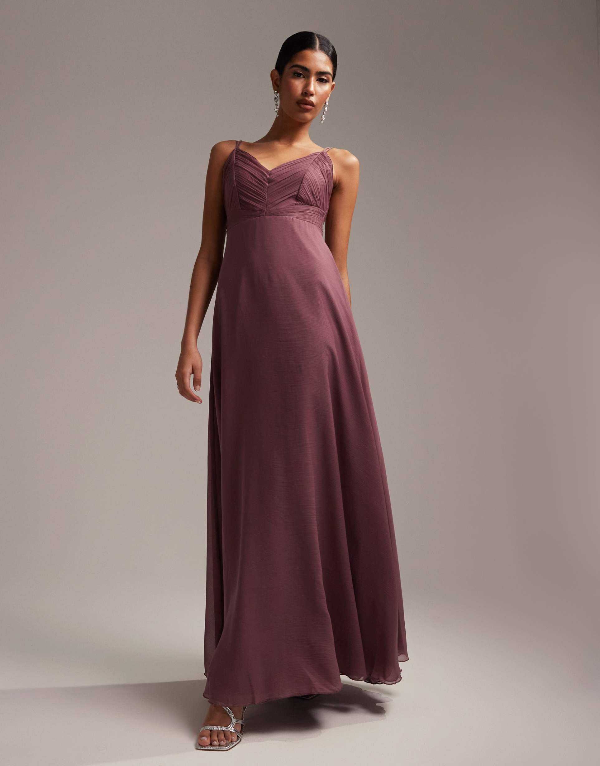 asos design bridesmaid cami maxi dress with ruched bodice and tie waist in dusty mauve