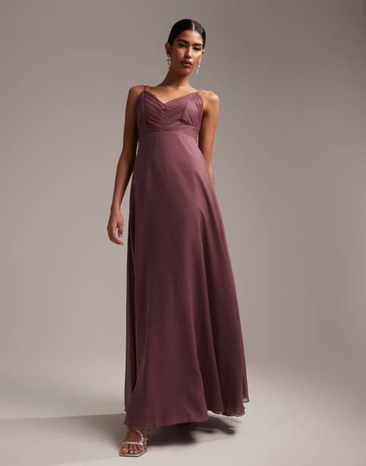 Asos Design Bridesmaid Cami Maxi Dress With Ruched Bodice And Tie Waist In Dusty Mauve Asos 