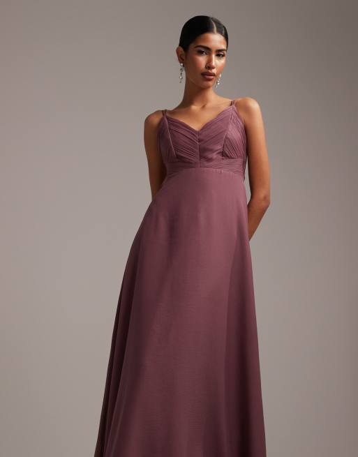 ASOS DESIGN Bridesmaid cami maxi dress with ruched bodice and tie waist in dusty mauve