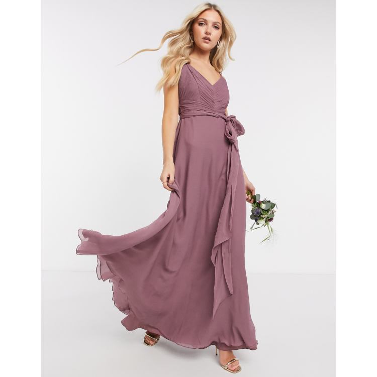 ASOS DESIGN Bridesmaid cami maxi dress with ruched bodice and tie waist in  dusty mauve | ASOS