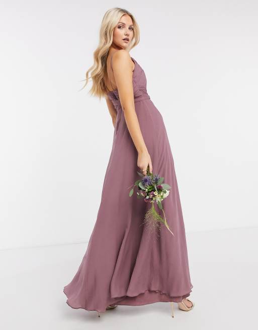 ASOS DESIGN Bridesmaid cami maxi dress with ruched bodice and tie waist in dusty mauve