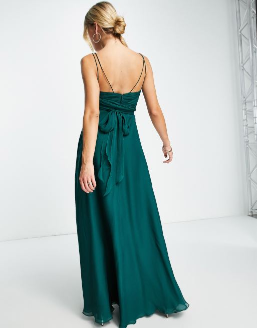 ASOS DESIGN Bridesmaid cami maxi dress with ruched bodice and tie waist in forest green