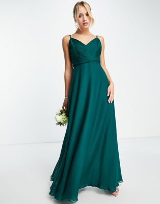 ASOS DESIGN Bridesmaid cami maxi dress with ruched bodice and tie waist in forest green