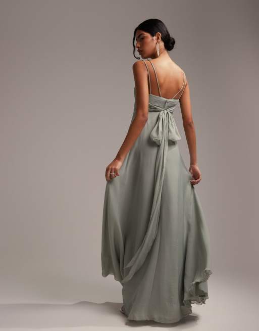 ASOS DESIGN Bridesmaid cami maxi dress with ruched bodice and tie waist in  olive