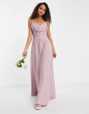 ASOS DESIGN Bridesmaid cami maxi dress with ruched bodice and tie waist in orchid