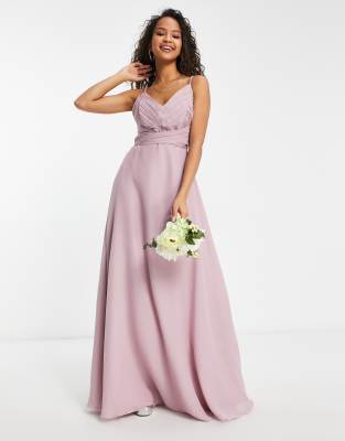 asos design bridesmaid pinny maxi dress with ruched bodice cami and tie waist in orchid BLUE PARTY DRESS
