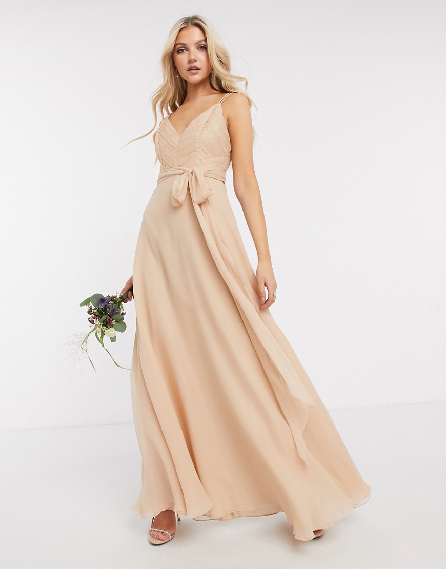 ASOS DESIGN Bridesmaid cami maxi dress with ruched bodice and tie waist in sand-Brown