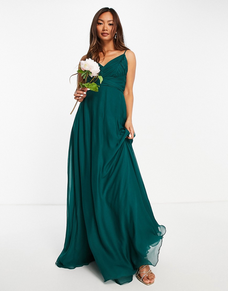 ASOS DESIGN Bridesmaid cami maxi dress with ruched bodice and tie waist-Green