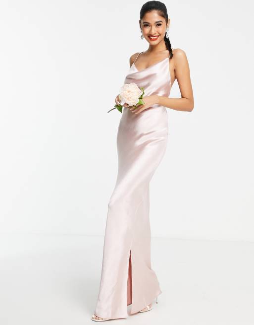 ASOS DESIGN Bridesmaid cami maxi slip dress in hi shine satin with lace up back in blush ASOS