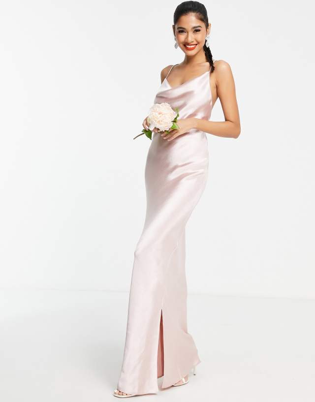 ASOS DESIGN Bridesmaid cami maxi slip dress in hi-shine satin with lace up back in blush