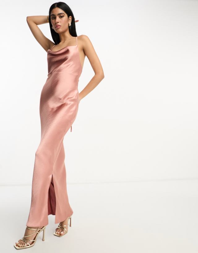 ASOS DESIGN Bridesmaid cami maxi slip dress in hi-shine satin with lace up back in mocha