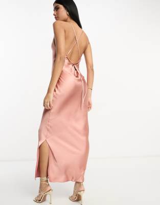 ASOS DESIGN Bridesmaid cami maxi slip dress in hi-shine satin with lace up  back in mocha | ASOS