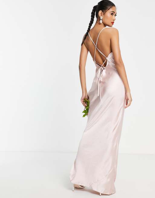 ASOS DESIGN Bridesmaid lace-up back maxi slip dress in sage green