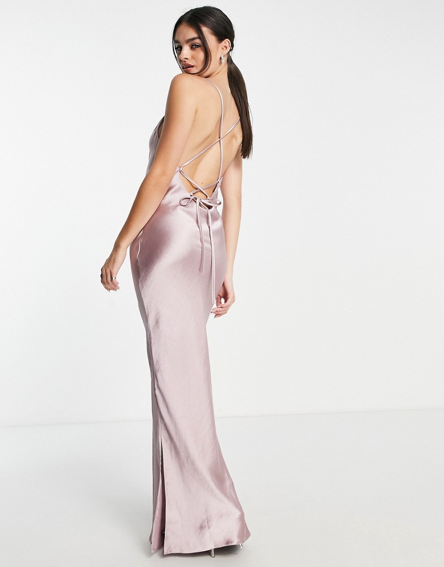 Asos Design Bridesmaid Cami Maxi Slip Dress In Hi-shine Satin With Lace Up Back In Blush-pink