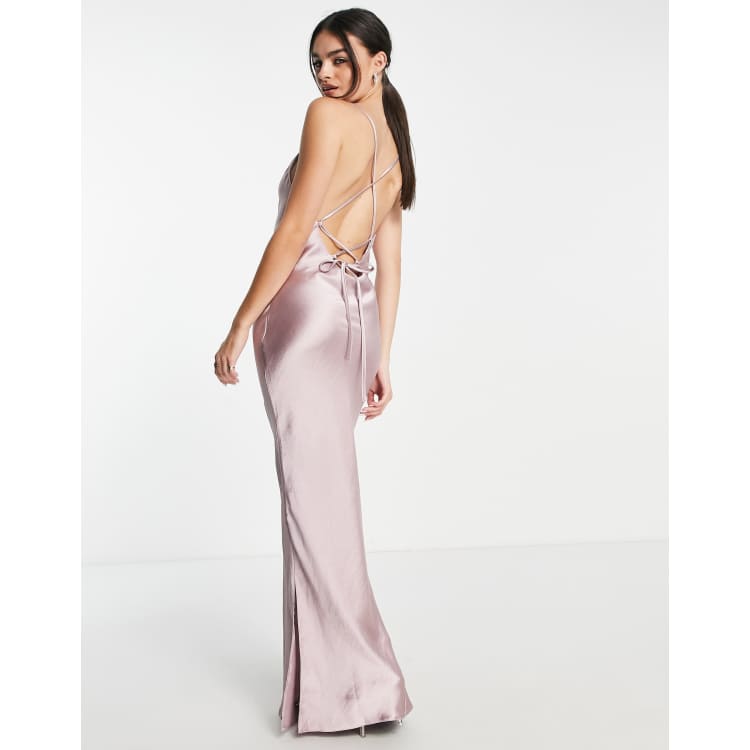 ASOS DESIGN Bridesmaid cami midi slip dress in high shine satin with lace  up back in ice grey