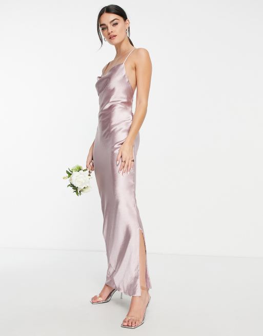 ASOS DESIGN Bridesmaid cami maxi slip dress in high shine satin with lace up  back in lavender