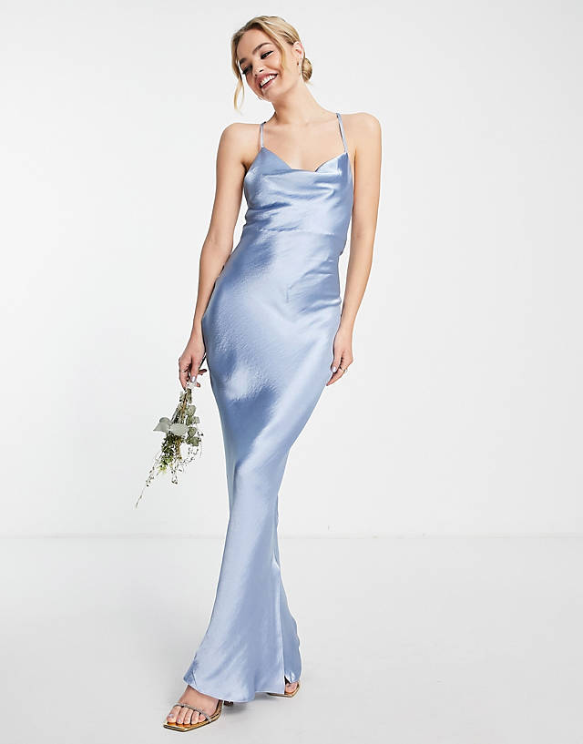 ASOS DESIGN Bridesmaid cami maxi slip dress in high shine satin with lace up back in powder blue GN10750