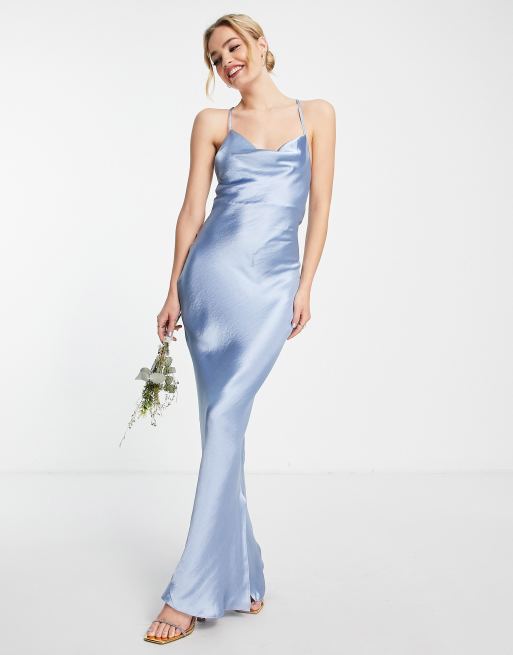 ASOS DESIGN Bridesmaid cami midi slip dress in high shine satin with lace  up back in ice grey