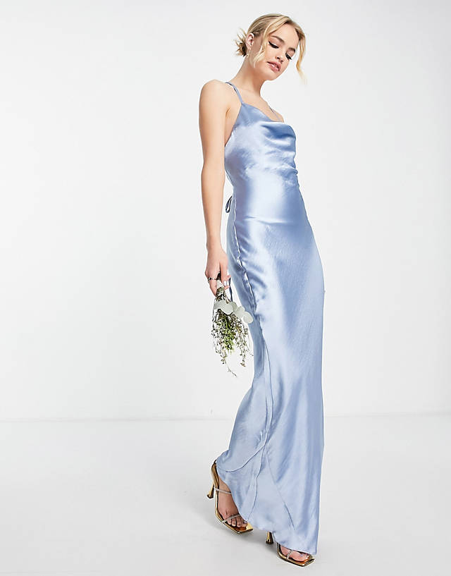 ASOS DESIGN Bridesmaid cami maxi slip dress in high shine satin with lace up back in powder blue GN10750