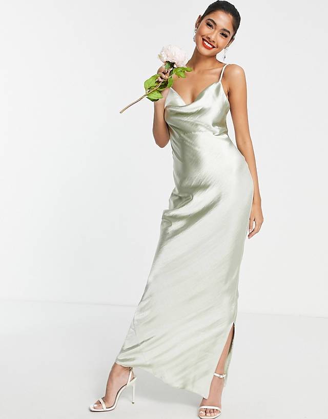 ASOS DESIGN Bridesmaid cami maxi slip dress in high shine satin with lace up back in sage
