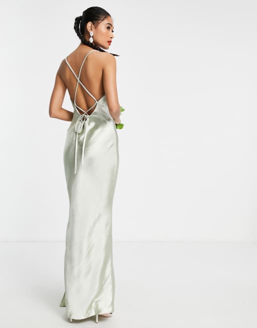 ASOS DESIGN Bridesmaid cami maxi slip dress in high shine satin with lace  up back in sage