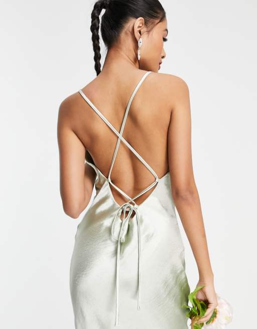 ASOS DESIGN Bridesmaid cami maxi slip dress in high shine satin with lace  up back in sage