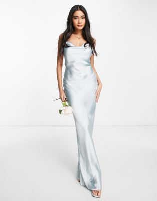 Asos Design Bridesmaid Cami Maxi Slip Dress In High Shine Satin With Lace Up Back In Soft Blue