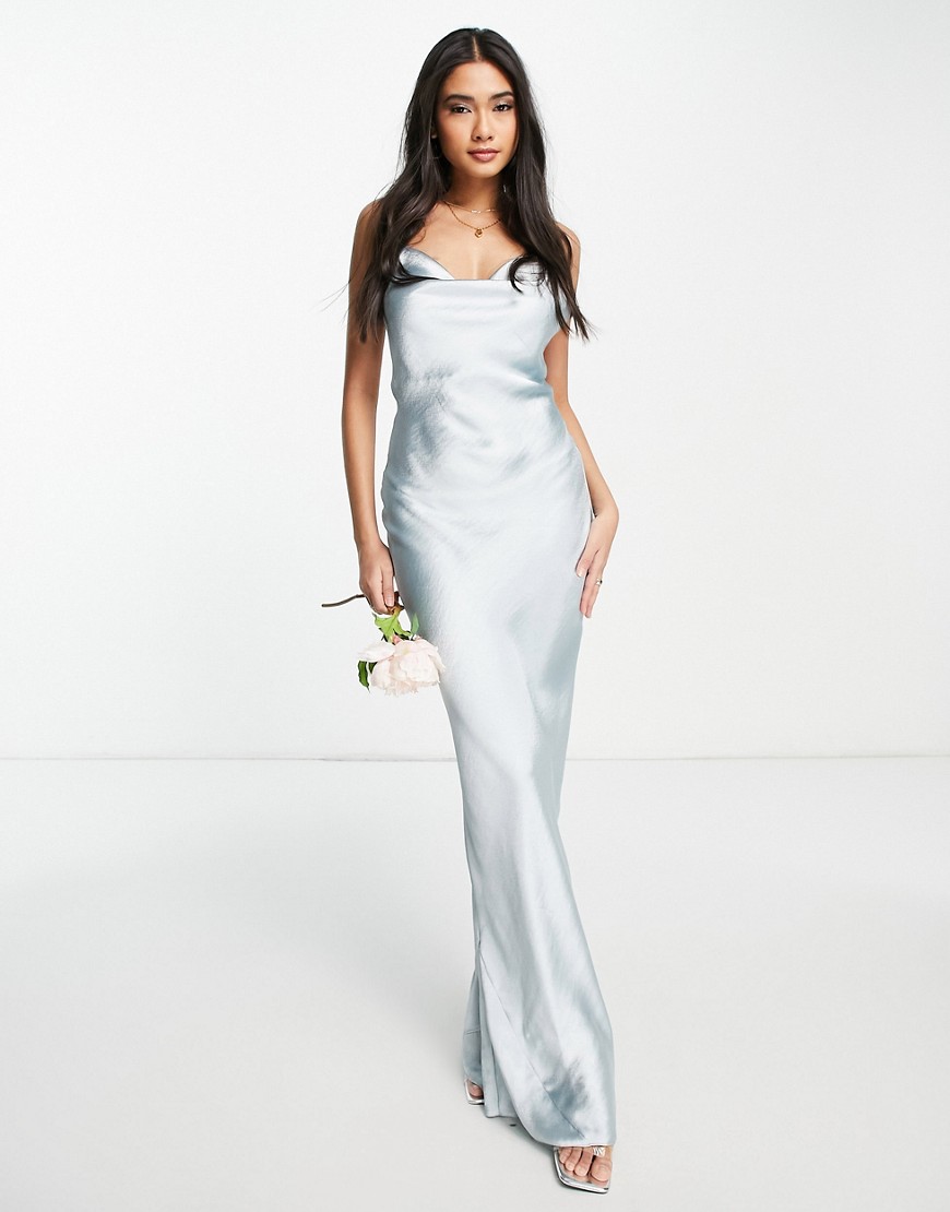 ASOS DESIGN Bridesmaid cami maxi slip dress in high shine satin with lace up back in soft blue