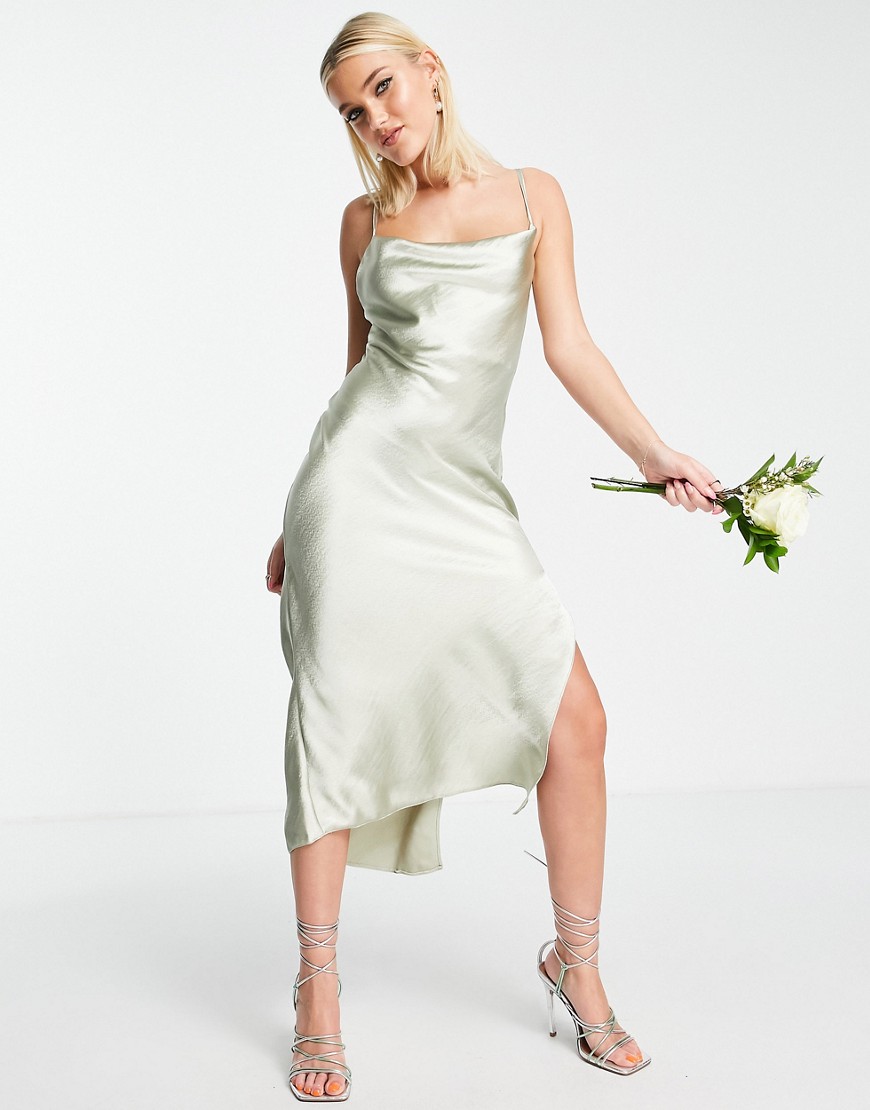 ASOS DESIGN Bridesmaid cami midi slip dress in high shine satin with lace up back in sage-Green