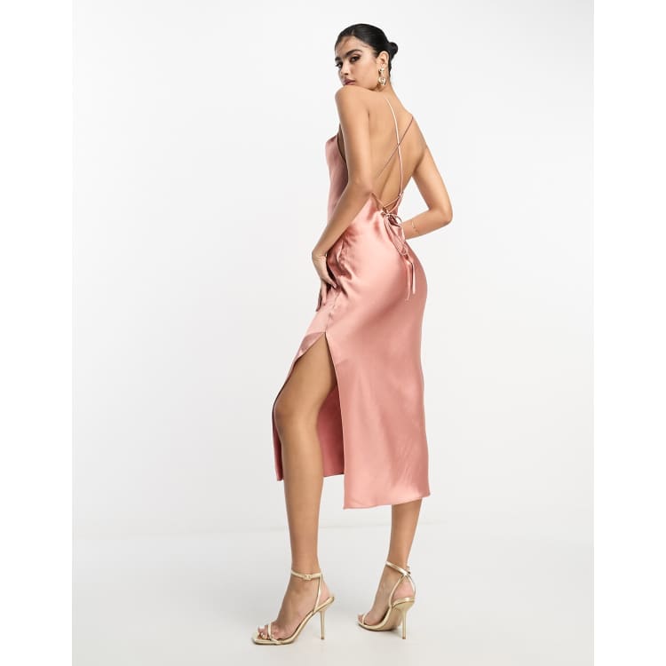 ASOS DESIGN asymmetric color block satin midi dress with lace-up back in  pink