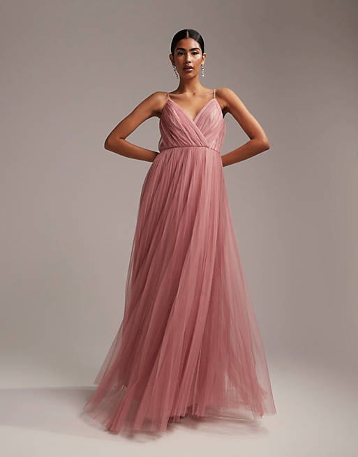 Women Bridesmaid cami pleated tulle maxi dress in rose 