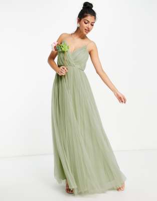 Asos Design Bridesmaid Cami Pleated Tulle Maxi Dress In Sage green ModeSens