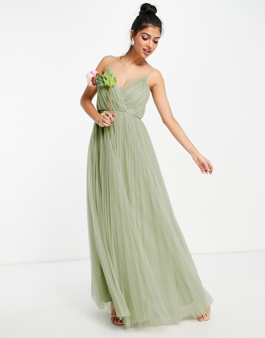 ASOS DESIGN Bridesmaid cami pleated tulle maxi dress in sage-Green