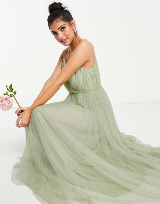 ASOS DESIGN Bridesmaid cami pleated tulle maxi dress in sage