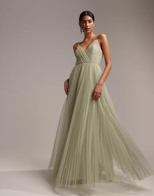 ASOS DESIGN ASOS DESIGN Bridesmaid cami pleated tulle maxi dress in sage-Green