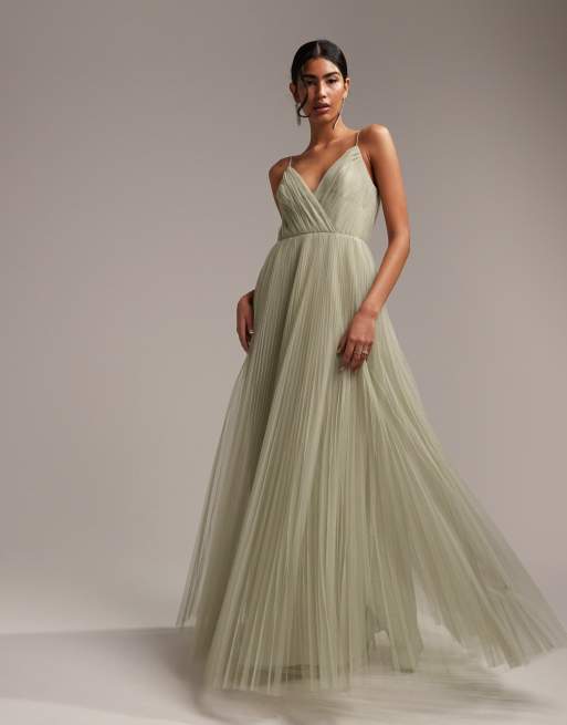 Asos Design Bridesmaid Cami Pleated Tulle Maxi Dress In Sage Asos 6930