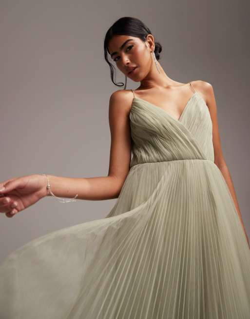 ASOS DESIGN Bridesmaid cami pleated tulle maxi dress in sage ASOS