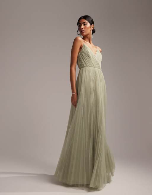 ASOS DESIGN Bridesmaid cami pleated tulle maxi dress in sage ASOS