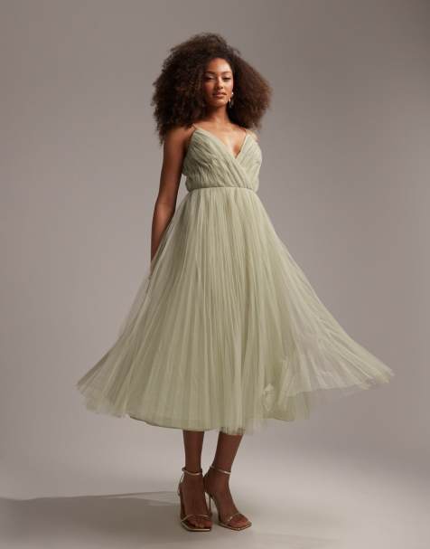 ASOS DESIGN Bridesmaid cami pleated tulle midi dress in Sage