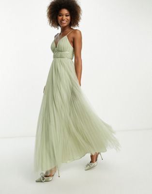 ASOS DESIGN Bridesmaid cami ruched bodice maxi dress with pleated skirt in sage - ASOS Price Checker