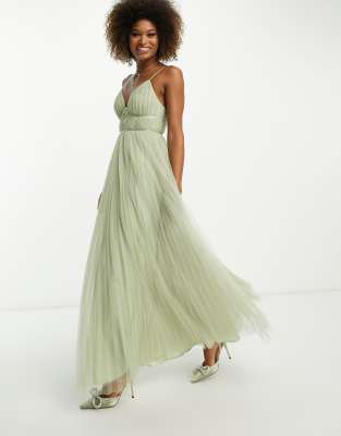 ASOS DESIGN Bridesmaid cami ruched bodice maxi dress with pleated skirt in  sage