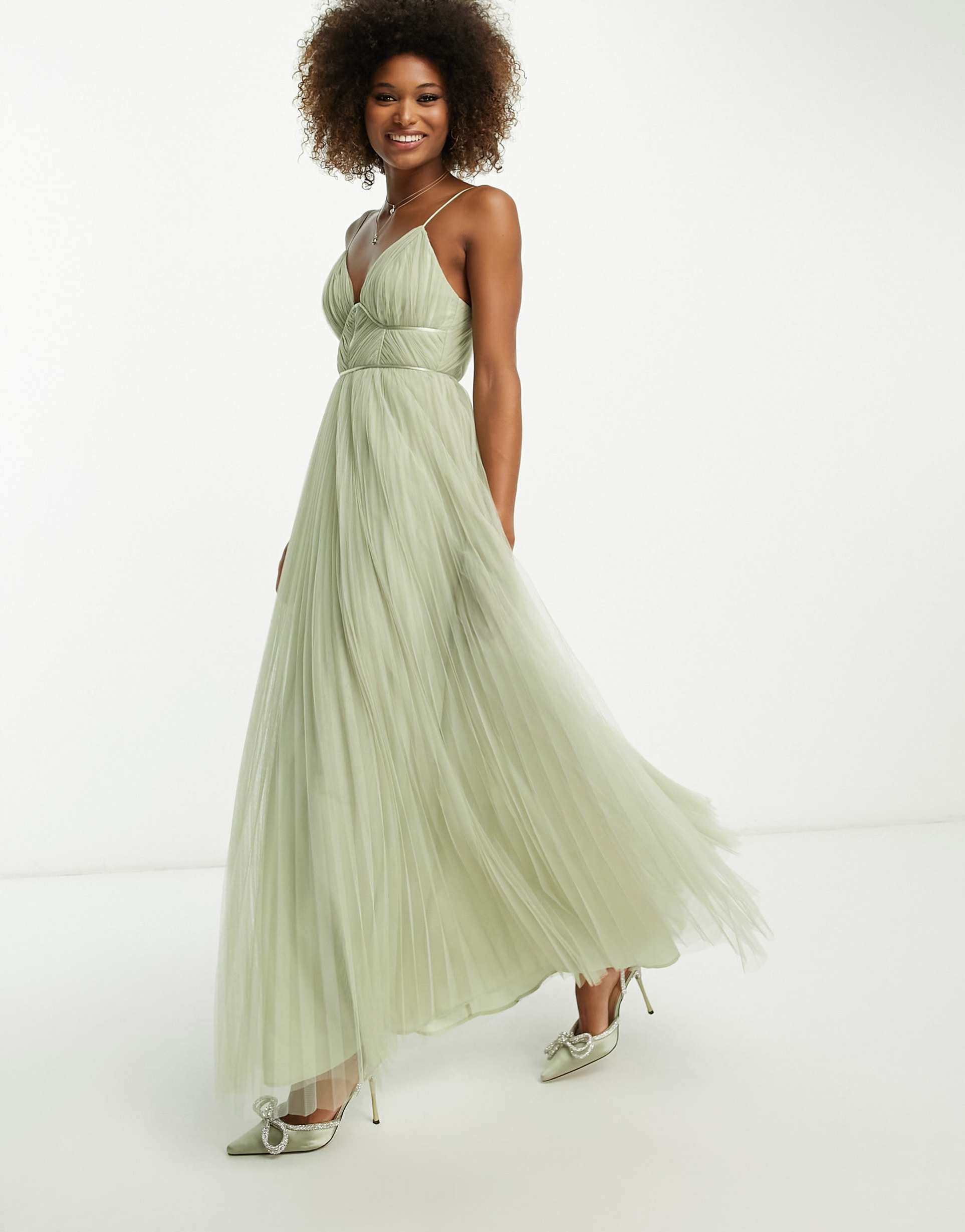 asos design bridesmaid cami ruched bodice maxi dress with pleated skirt in sage